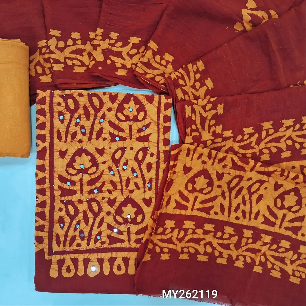 Reddish maroon wax batik dyed pure soft cotton unstitched salwar material, thread and faux mirror on yoke,(lining needed)light orange cotton bottom, wax batik design on mul cotton dupatta(TAPPING NEEDED). MY262119