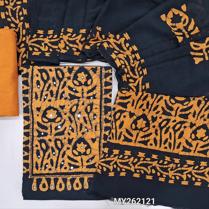 Black wax batik dyed pure soft cotton unstitched salwar material, thread and faux mirror on yoke,(lining needed)light orange cotton bottom, wax batik design on mul cotton dupatta(TAPPING NEEDED). MY262121