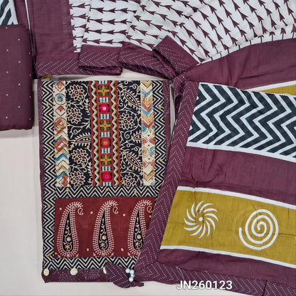 Wine purple printed pure cotton unstitched salwar material, ajrak yoke patch with hand embroidery work(lining optional)printed cotton bottom,printed soft mul cotton dupatta. JN260123