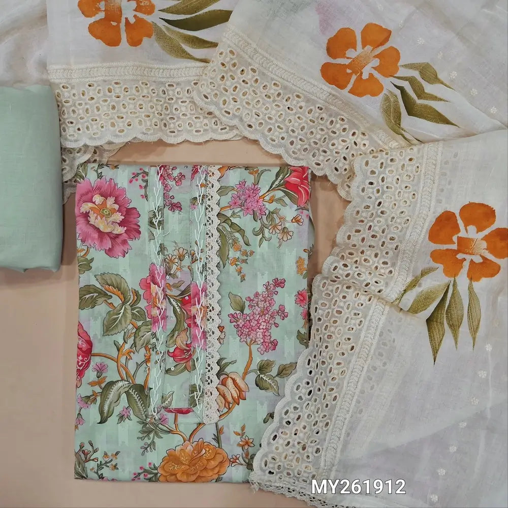 Pastel green floral printed premium jakard malai cotton unstitched salwar material,hand embroidery work on yoke(soft, lining needed)matching fabric provided for lining , NO BOTTOM,self embroidery & hand brush paint ,cut work on cotton dupatta. MY261912