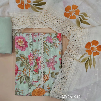 Pastel green floral printed premium jakard malai cotton unstitched salwar material,hand embroidery work on yoke(soft, lining needed)matching fabric provided for lining , NO BOTTOM,self embroidery & hand brush paint ,cut work on cotton dupatta. MY261912