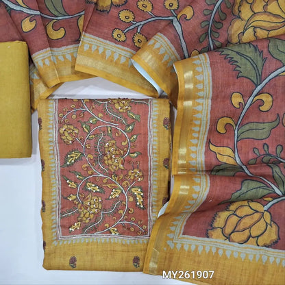 Mehandhi yellow printed accord linen unstitched salwar material,zari &hand embroidery work on yoke ( lining needed ) spun cotton bottom,floral printed accord linen dupatta with gold tissue borders. MY261907