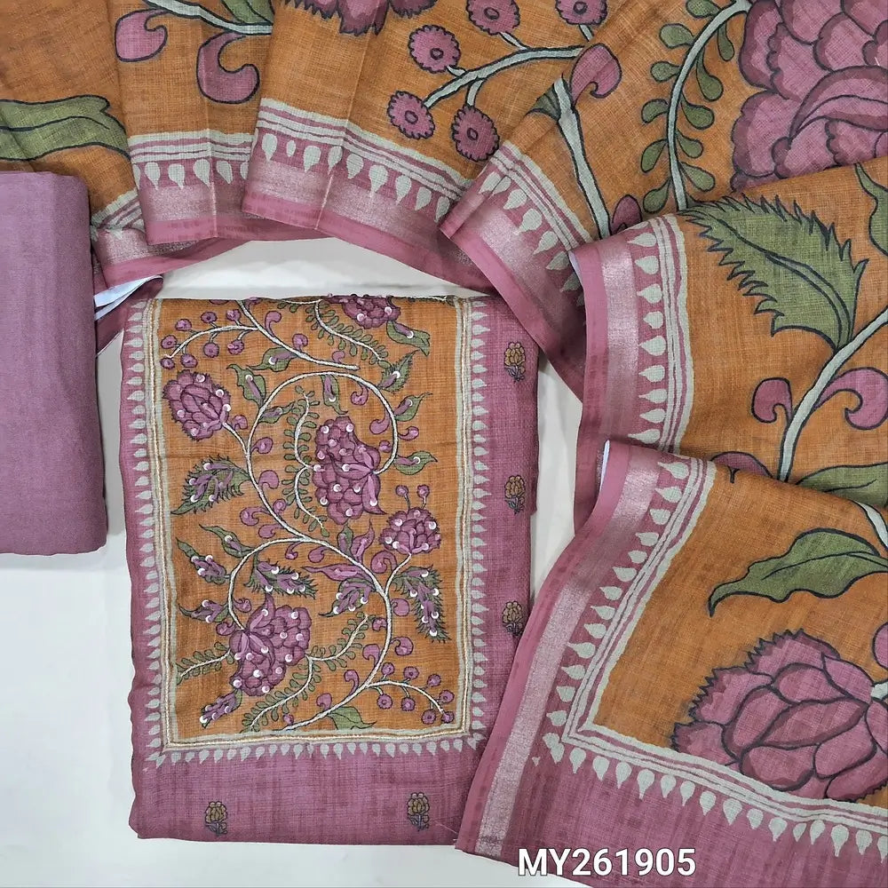 Light beetroot purple printed accord linen unstitched salwar material,zari &hand embroidery work on yoke ( lining needed ) spun cotton bottom,floral printed accord linen dupatta with gold tissue borders. MY261905