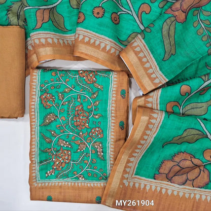 Rust orange printed accord linen unstitched salwar material,zari &hand embroidery work on yoke ( lining needed ) spun cotton bottom,floral printed accord linen dupatta with gold tissue borders. MY261904