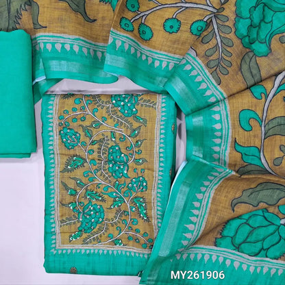 Turquoise blue printed accord linen unstitched salwar material,zari &hand embroidery work on yoke ( lining needed ) spun cotton bottom,floral printed accord linen dupatta with gold tissue borders. MY261906