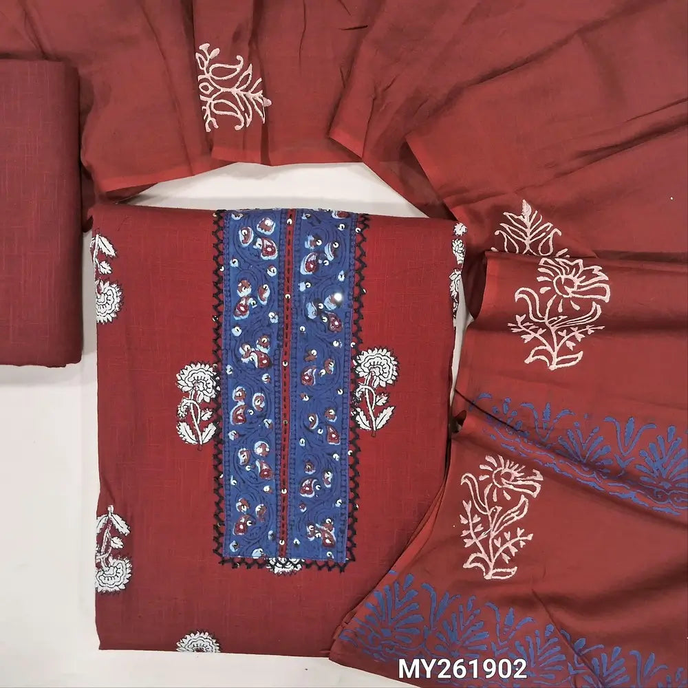 Maroon premium slub cotton unstitched salwar material ( soft,lining optional)block printed &hand embroidery work on yoke,slub cotton bottom, block printed full length  pure mul cotton dupatta. MY261902