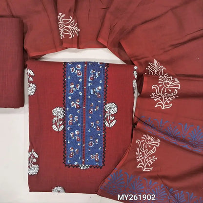 Maroon premium slub cotton unstitched salwar material ( soft,lining optional)block printed &hand embroidery work on yoke,slub cotton bottom, block printed full length  pure mul cotton dupatta. MY261902