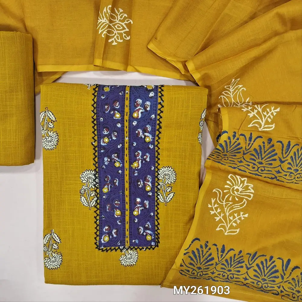 Bright mehandhi yellow premium slub cotton unstitched salwar material ( soft,lining optional)block printed &hand embroidery work on yoke,slub cotton bottom, block printed full length  pure mul cotton dupatta. MY261903