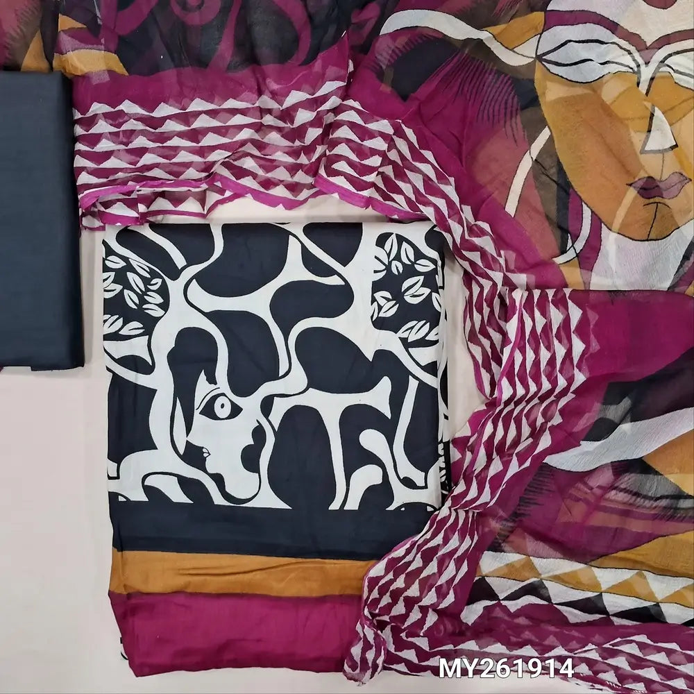 Black& white base digital printed satin cotton unstitched salwar material,multicoloured daman,(lining needed)soft cotton bottom,colorful printed pure chiffon dupatta. MY261914