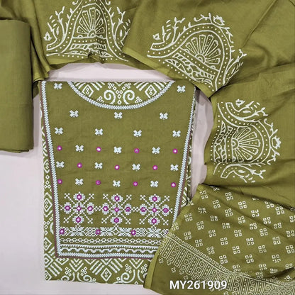 Mossy green premium sof mul cotton unstitched salwar material, cross stitch embroidery & mirror work on yoke, floral printed all over,(lining optional) matching cotton bottom, block printed soft mul cotton full length dupatta. MY261909