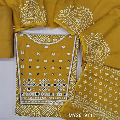 Mehandhi yellow premium sof mul cotton unstitched salwar material, cross stitch embroidery & mirror work on yoke, floral printed all over,(lining optional) matching cotton bottom, block printed soft mul cotton full length dupatta. MY261911