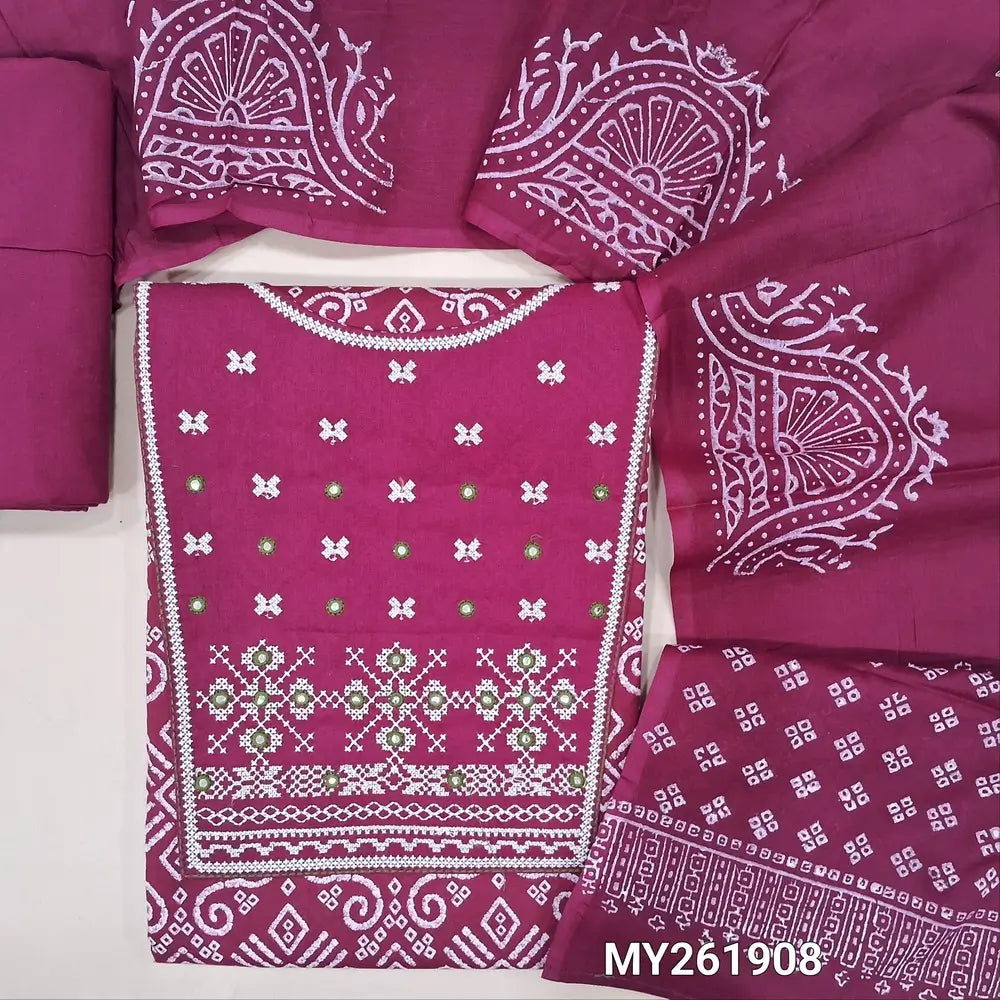 Rani pink premium sof mul cotton unstitched salwar material, cross stitch embroidery & mirror work on yoke, floral printed all over,(lining optional) matching cotton bottom, block printed soft mul cotton full length dupatta. MY261908