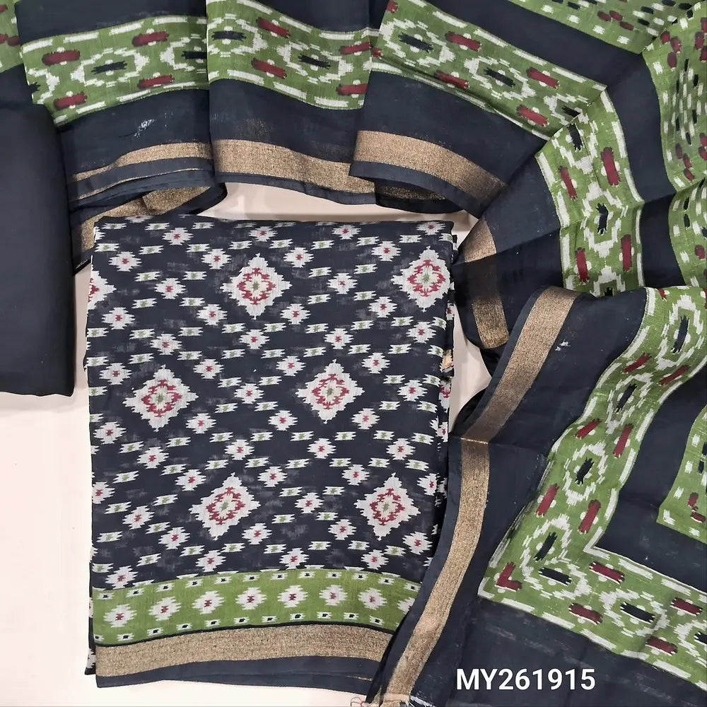 Black soft silk cotton unstitched salwar material, patola printed all over (Lining Needed) matching spun cotton bottom, digital printed soft silk cotton full length dupatta (TAPINGS NEEDED). MY261915