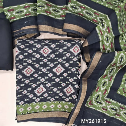 Black soft silk cotton unstitched salwar material, patola printed all over (Lining Needed) matching spun cotton bottom, digital printed soft silk cotton full length dupatta (TAPINGS NEEDED). MY261915