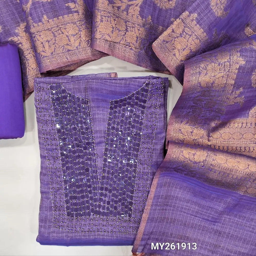 Designer dark purple with golden tint tissue silk cotton unstitched salwar material, bead& sequins work on yoke(thin, lining needed)matching silk cotton bottom,soft tissue silk cotton dupatta with copper zari woven design( DESIGN MIGHT VARY). MY261913