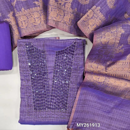 Designer dark purple with golden tint tissue silk cotton unstitched salwar material, bead& sequins work on yoke(thin, lining needed)matching silk cotton bottom,soft tissue silk cotton dupatta with copper zari woven design( DESIGN MIGHT VARY). MY261913