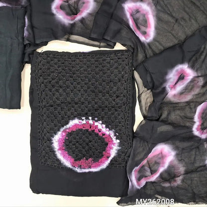 Black shibori dyed crepe georgette unstitched salwar material, hand crochet work and shibori dyed on yoke(PINK)(lining needed)santoon bottom, shibori dyed premium chiffon dupatta. MY262008