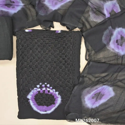 Black shibori dyed crepe georgette unstitched salwar material, hand crochet work and shibori dyed on yoke(PURPLE)(lining needed)santoon bottom, shibori dyed premium chiffon dupatta. MY262007