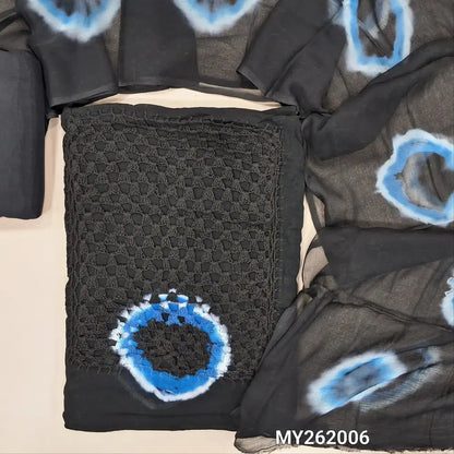 Black shibori dyed crepe georgette unstitched salwar material, hand crochet work and shibori dyed on yoke(BLUE)(lining needed)santoon bottom, shibori dyed premium chiffon dupatta. MY262006