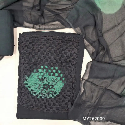 Black shibori dyed crepe georgette unstitched salwar material, hand crochet work and shibori dyed on yoke(GREEN)(lining needed)santoon bottom, shibori dyed premium chiffon dupatta. MY262009