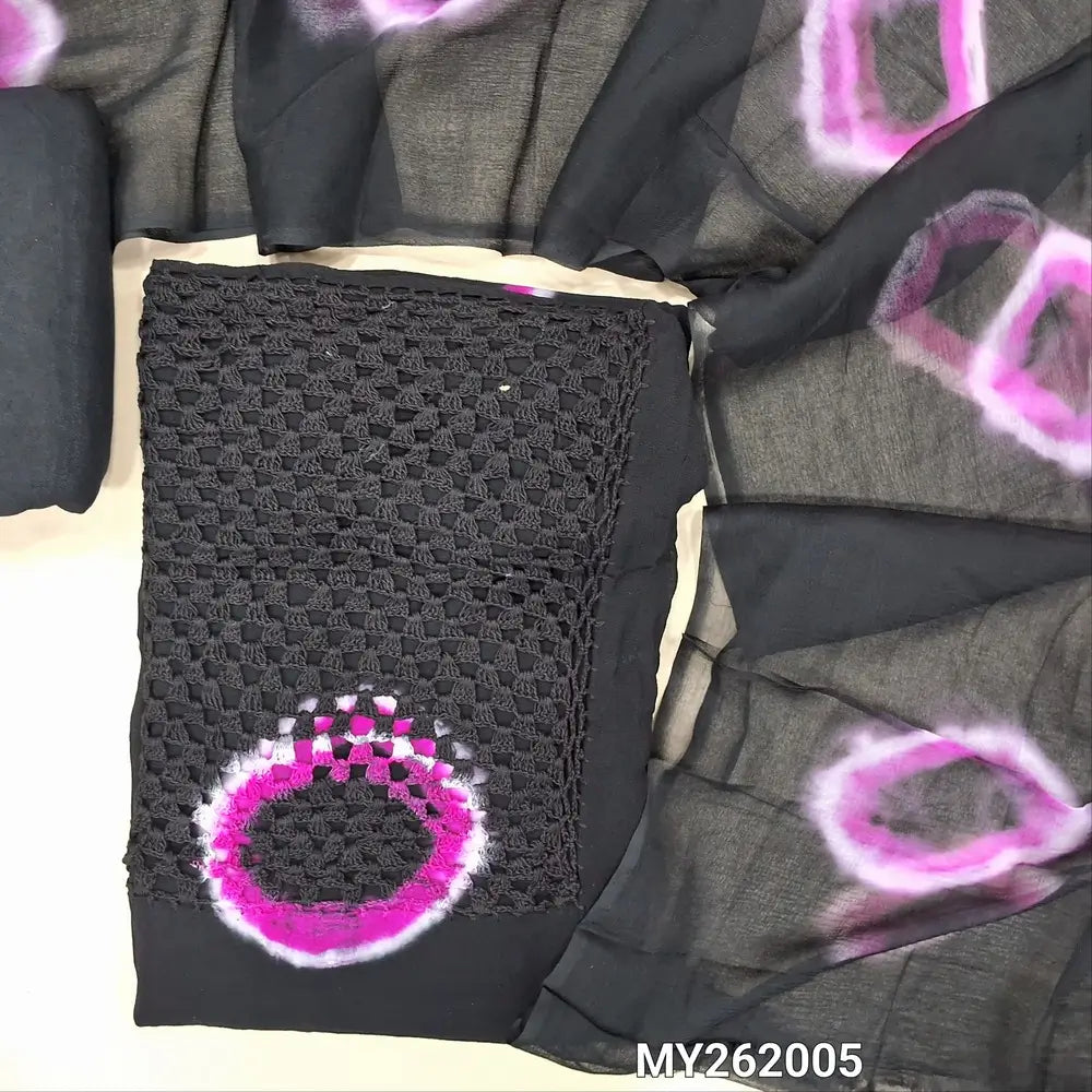 Black shibori dyed crepe georgette unstitched salwar material, hand crochet work and shibori dyed on yoke(PINK)(lining needed)santoon bottom, shibori dyed premium chiffon dupatta. MY262005
