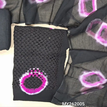 Black shibori dyed crepe georgette unstitched salwar material, hand crochet work and shibori dyed on yoke(PINK)(lining needed)santoon bottom, shibori dyed premium chiffon dupatta. MY262005