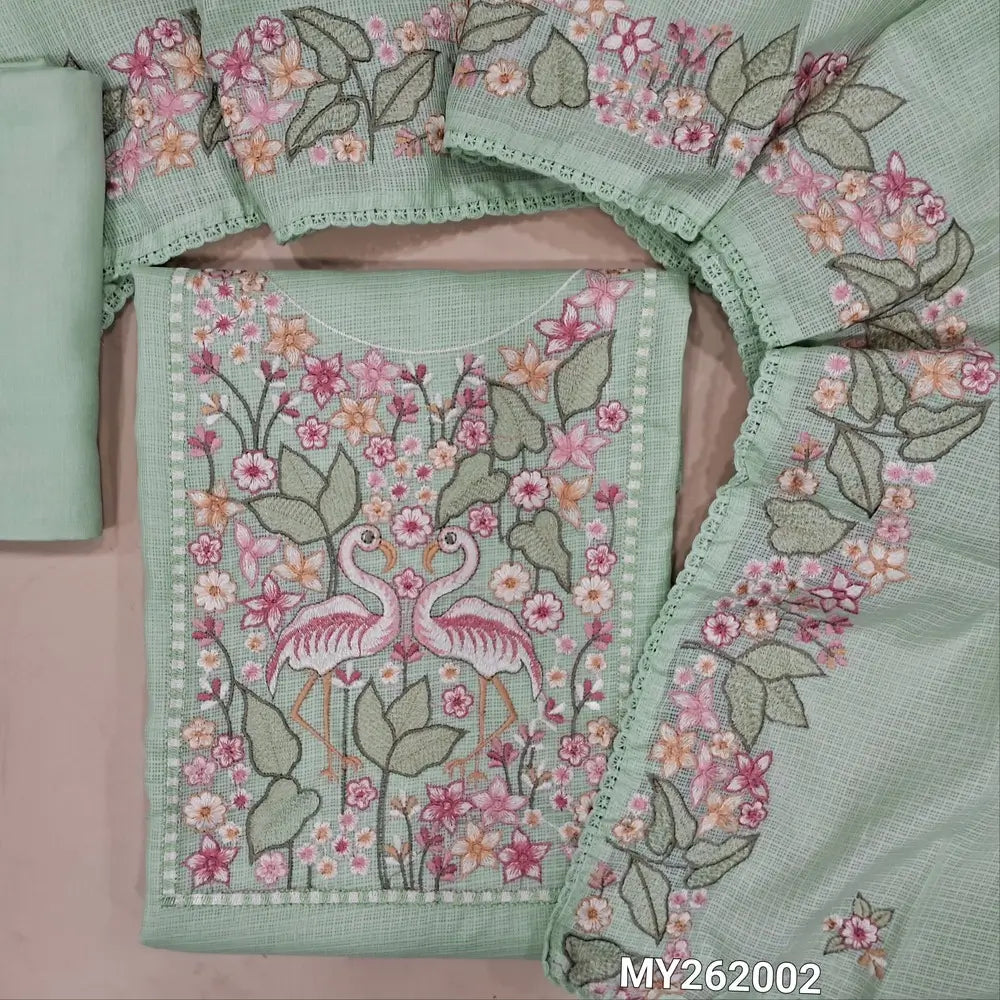 Designer pastel green premium kota unstitched salwar material,rich embroidery work on yoke (Thin,Lining Needed)matching spun cotton bottom,rich embroidery work on full length premium kota dupatta. MY262002