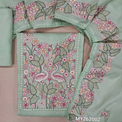 Designer pastel green premium kota unstitched salwar material,rich embroidery work on yoke (Thin,Lining Needed)matching spun cotton bottom,rich embroidery work on full length premium kota dupatta. MY262002