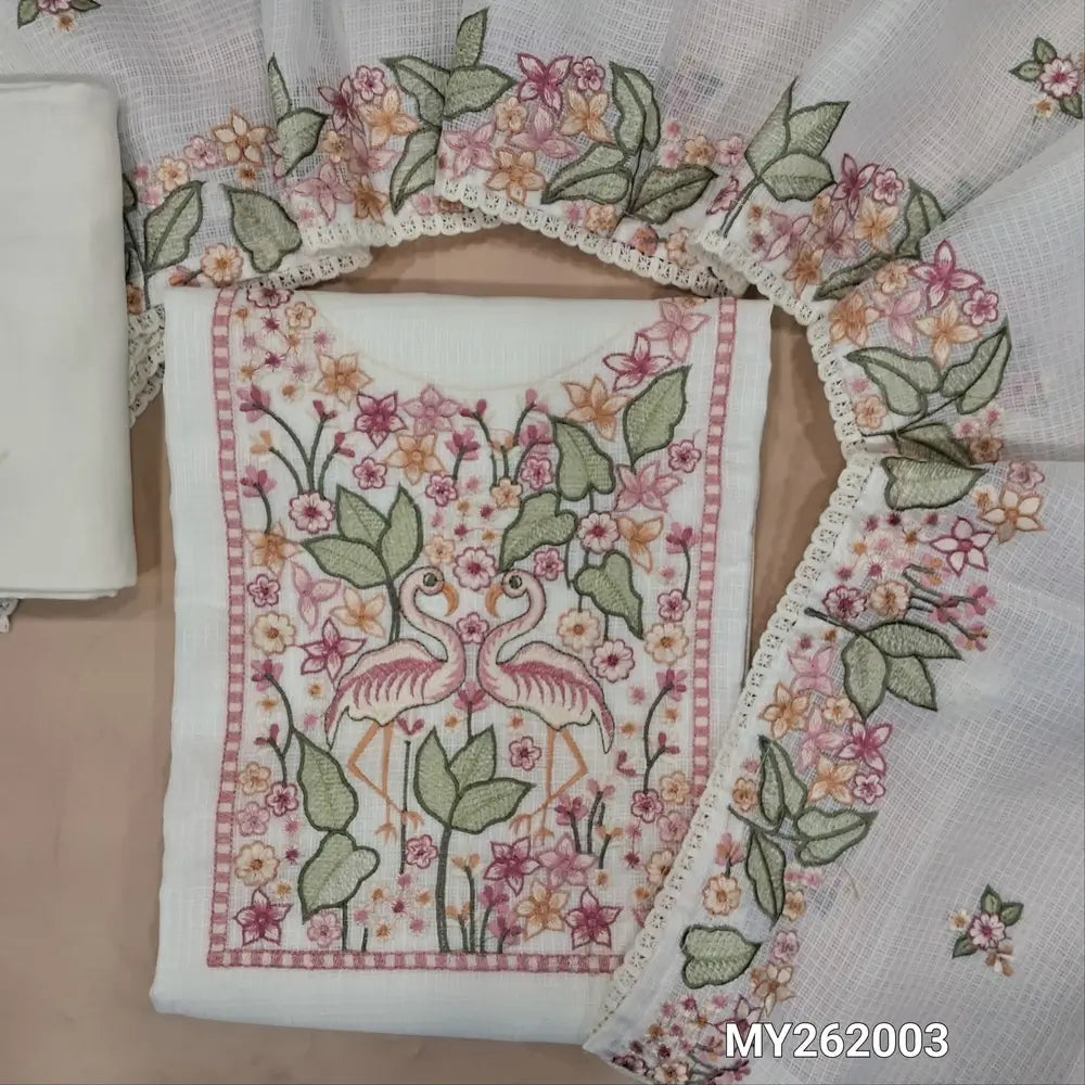 Designer off white premium kota unstitched salwar material,rich embroidery work on yoke (Thin,Lining Needed)matching spun cotton bottom,rich embroidery work on full length premium kota dupatta. MY262003