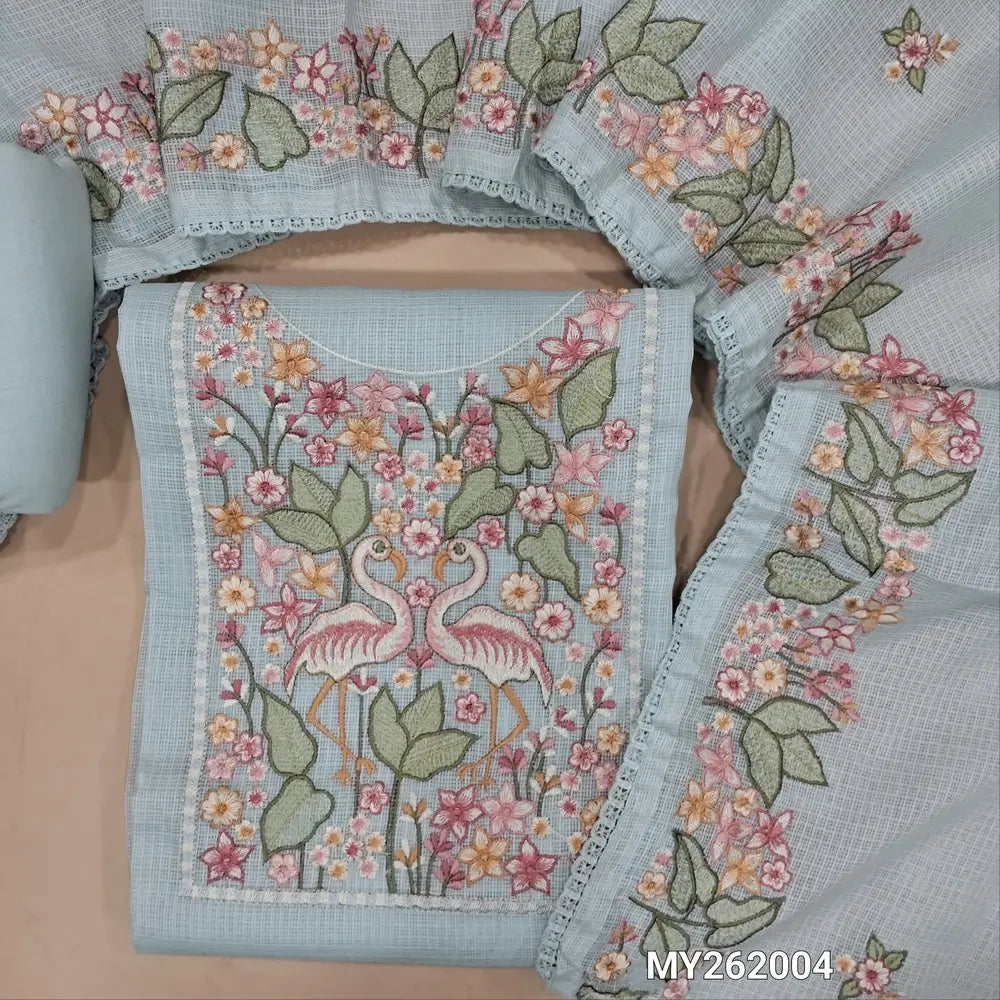 Designer powder blue premium kota unstitched salwar material,rich embroidery work on yoke (Thin,Lining Needed)matching spun cotton bottom,rich embroidery work on full length premium kota dupatta. MY262004