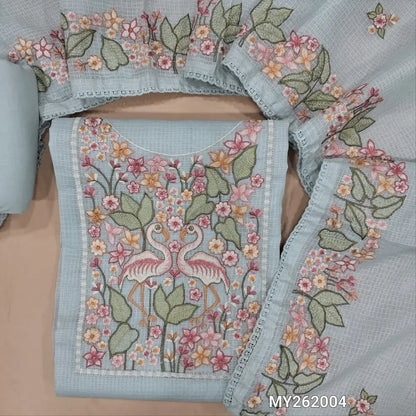Designer powder blue premium kota unstitched salwar material,rich embroidery work on yoke (Thin,Lining Needed)matching spun cotton bottom,rich embroidery work on full length premium kota dupatta. MY262004