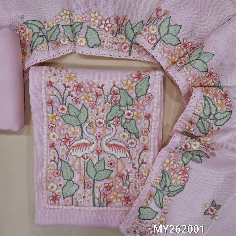 Designer pastel pink premium kota unstitched salwar material,rich embroidery work on yoke (Thin,Lining Needed)matching spun cotton bottom,rich embroidery work on full length premium kota dupatta. MY262001