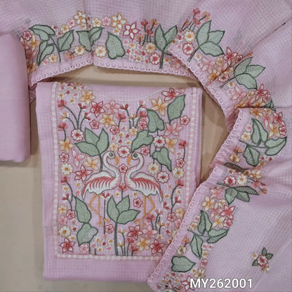 Designer pastel pink premium kota unstitched salwar material,rich embroidery work on yoke (Thin,Lining Needed)matching spun cotton bottom,rich embroidery work on full length premium kota dupatta. MY262001