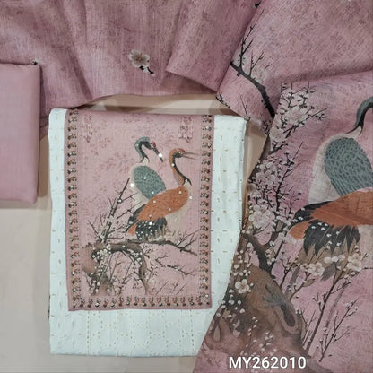Off white schiffli embroidered pure cotton unstitched salwar material,digital printed work on yoke,self embroidery(lining needed) pastel pink cotton bottom, digital printed sof tissue silk cotton dupatta with gold tissue borders. MY262010