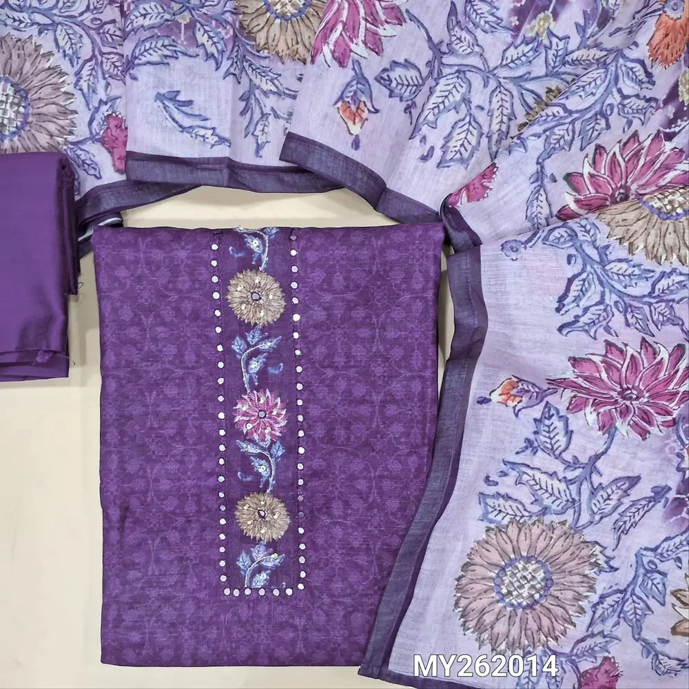 Dark purple pure linen unstitched salwar material (lining needed) bead &faux mirror work on yoke,printed all over,matching silk cotton bottom,digital printed with multicolor premium pure linen dupatta. MY262014
