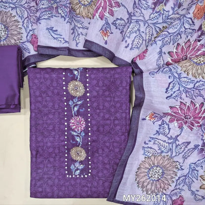 Dark purple pure linen unstitched salwar material (lining needed) bead &faux mirror work on yoke,printed all over,matching silk cotton bottom,digital printed with multicolor premium pure linen dupatta. MY262014