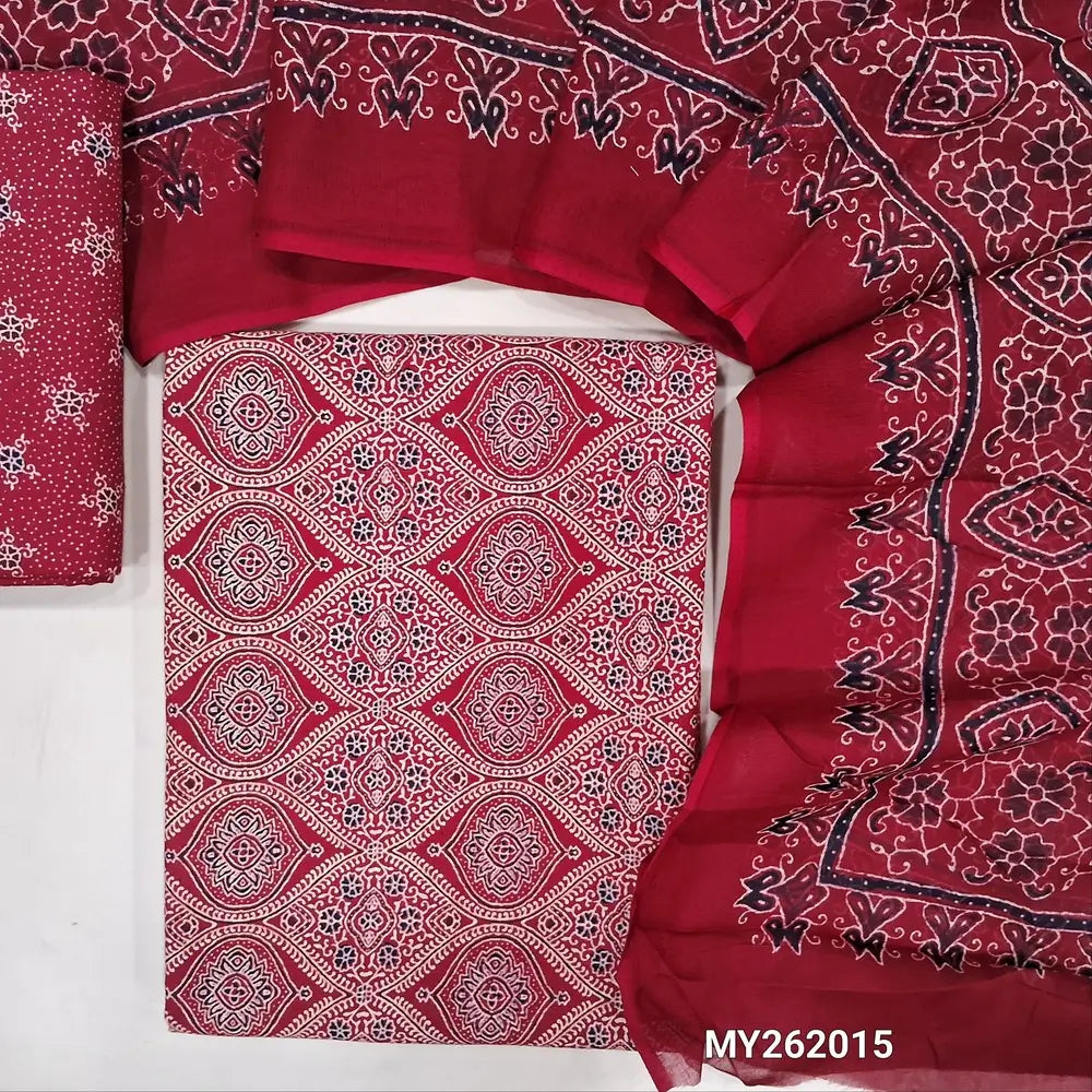Red ajrak hand block printed pure soft cotton unstitched salwar material(lining optional)block printed cotton bottom, printed full length mul cotton dupatta with ajrak border on pallu. MY262015