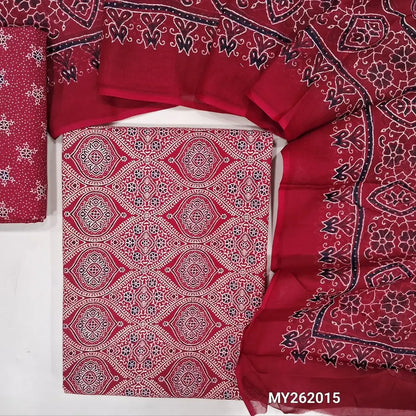 Red ajrak hand block printed pure soft cotton unstitched salwar material(lining optional)block printed cotton bottom, printed full length mul cotton dupatta with ajrak border on pallu. MY262015