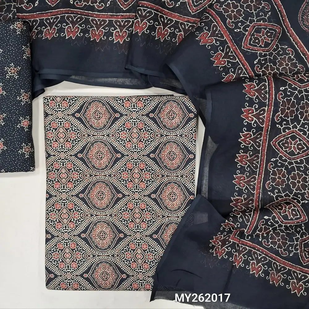 Black ajrak hand block printed pure soft cotton unstitched salwar material(lining optional)block printed cotton bottom, printed full length mul cotton dupatta with ajrak border on pallu. MY262017