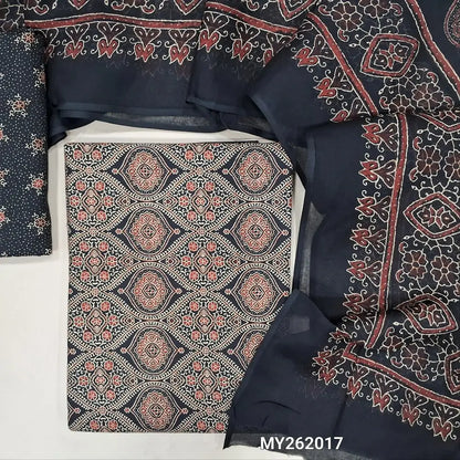 Black ajrak hand block printed pure soft cotton unstitched salwar material(lining optional)block printed cotton bottom, printed full length mul cotton dupatta with ajrak border on pallu. MY262017