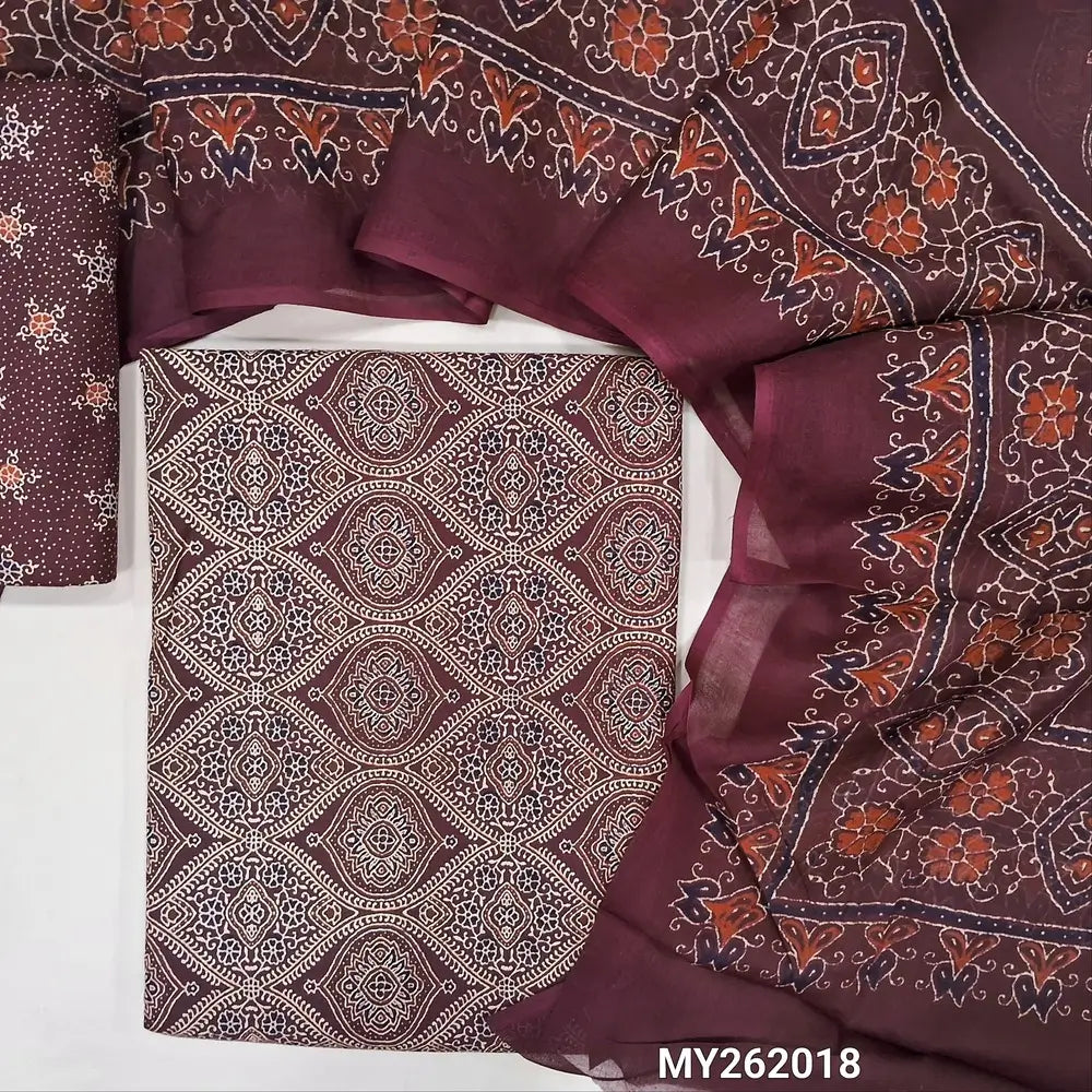Dark maroon ajrak hand block printed pure soft cotton unstitched salwar material(lining optional)block printed cotton bottom, printed full length mul cotton dupatta with ajrak border on pallu. MY262018