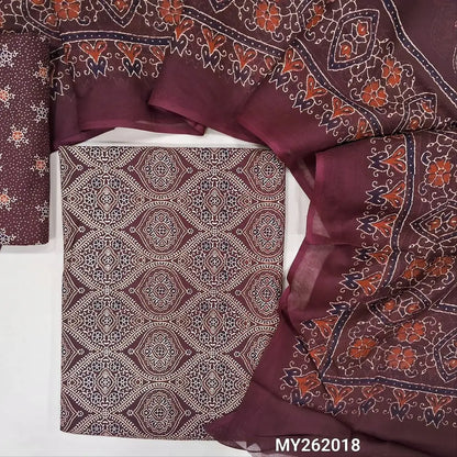 Dark maroon ajrak hand block printed pure soft cotton unstitched salwar material(lining optional)block printed cotton bottom, printed full length mul cotton dupatta with ajrak border on pallu. MY262018