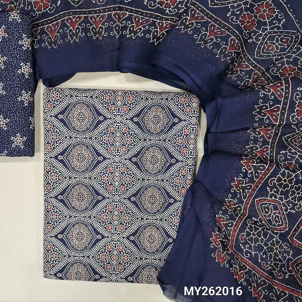 Dark blue ajrak hand block printed pure soft cotton unstitched salwar material(lining optional)block printed cotton bottom, printed full length mul cotton dupatta with ajrak border on pallu. MY262016