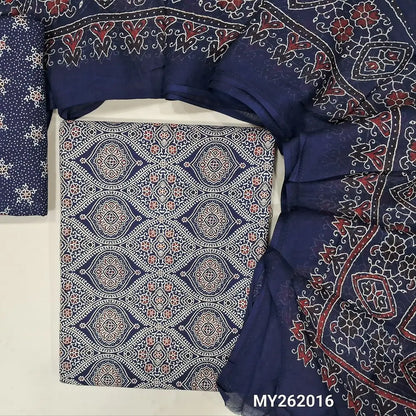 Dark blue ajrak hand block printed pure soft cotton unstitched salwar material(lining optional)block printed cotton bottom, printed full length mul cotton dupatta with ajrak border on pallu. MY262016
