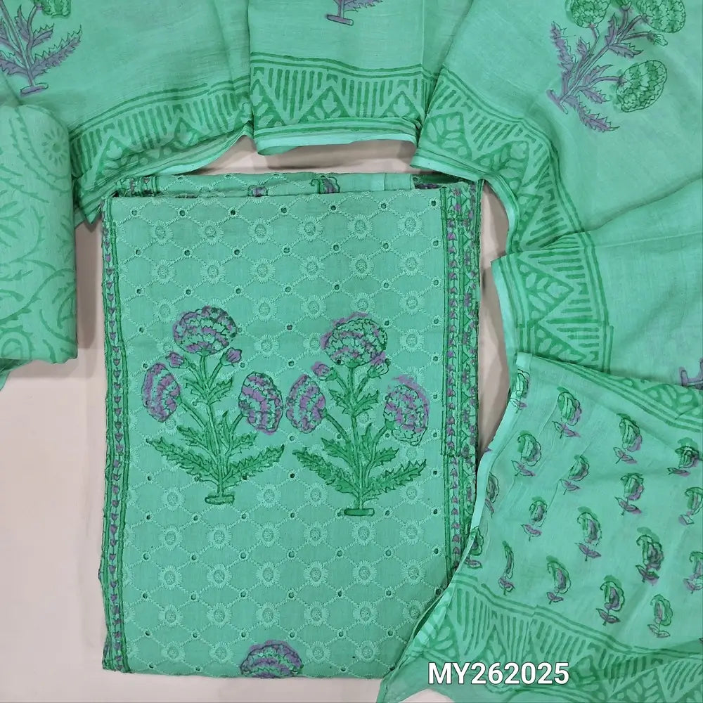 Blue shade schiffli embroidery & hand block printed pure mul cotton unstitched salwar material, panel design(lining needed)block printed cotton bottom, hand block printed mul cotton dupatta(TAPPING NEEDED). MY262025