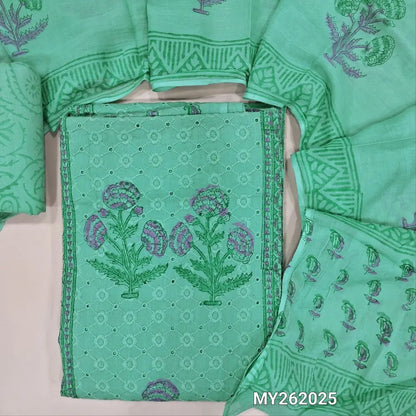 Blue shade schiffli embroidery & hand block printed pure mul cotton unstitched salwar material, panel design(lining needed)block printed cotton bottom, hand block printed mul cotton dupatta(TAPPING NEEDED). MY262025