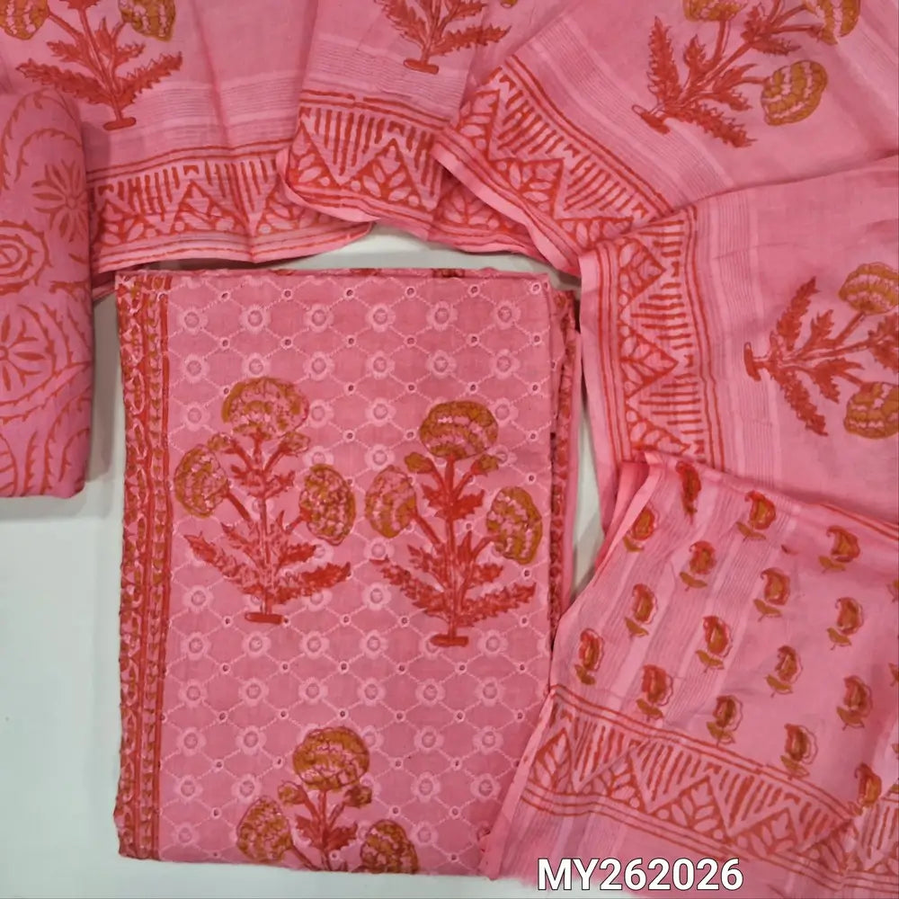 Peachish pink schiffli embroidery & hand block printed pure mul cotton unstitched salwar material, panel design(lining needed)block printed cotton bottom, hand block printed mul cotton dupatta(TAPPING NEEDED). MY262026
