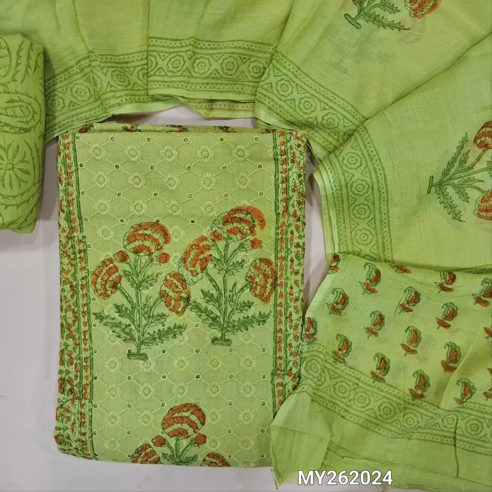 Light green schiffli embroidery & hand block printed pure mul cotton unstitched salwar material, panel design(lining needed)block printed cotton bottom, hand block printed mul cotton dupatta(TAPPING NEEDED). MY262024