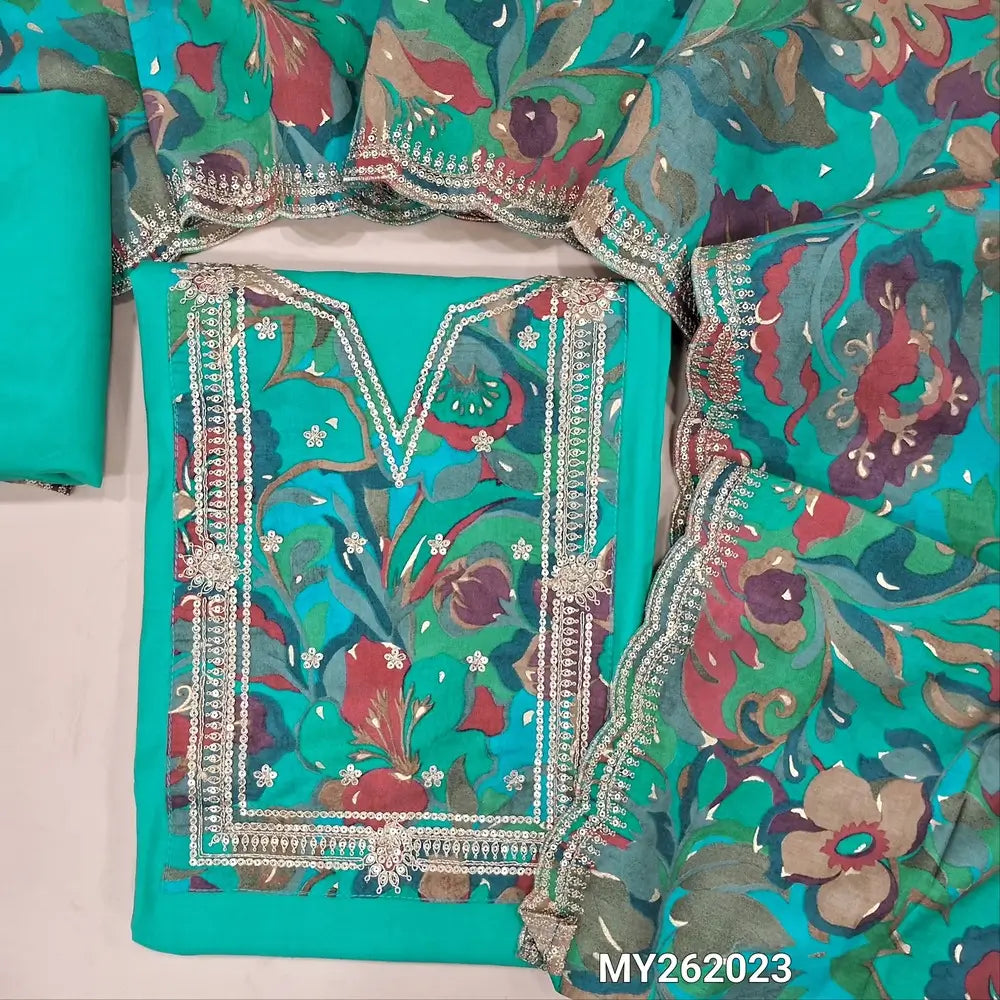 Turquoise blue modal muslin silk unstitched salwar material,printed yoke with zari and sequins work, sequins work on front,(lining needed)silk cotton bottom,multicoloured digital printed modal muslin silk dupatta with sequins and zari borders. MY262023