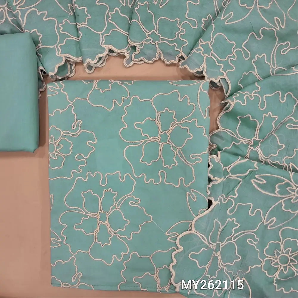 Pastel blue premium cotton unstitched salwar material, floral embroidery work on front (lining needed)matching cotton bottom,floral embroidery, cut work on soft mul cotton dupatta. MY262115